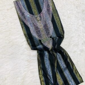 Striped fabric in green, black, and gold with ornamental embroidery for fashion or home décor
