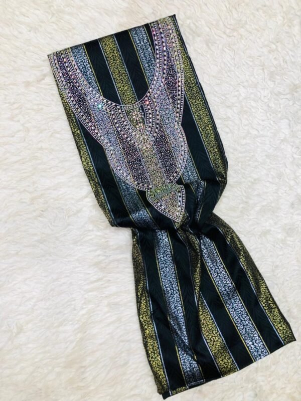 Striped fabric in green, black, and gold with ornamental embroidery for fashion or home décor