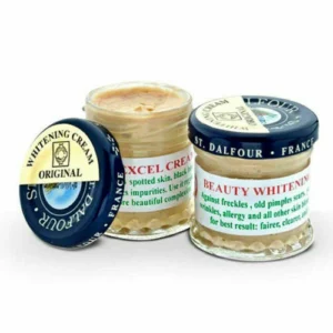 Jar of Dalfour Cream with dark blue lid, labeled “ORIGINAL SHAVING CREAM,” featuring QR code and yellow-toned formula
