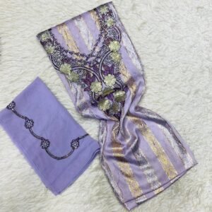 Lavender dual-panel fabric set with gold and silver floral embroidery and minimalist edge detailing