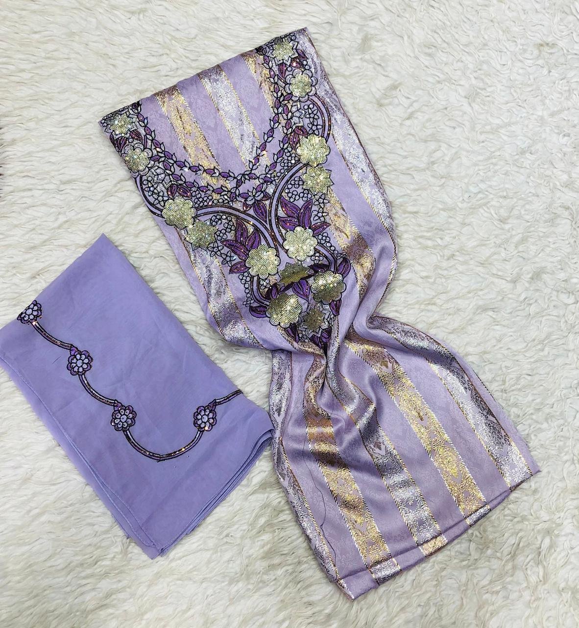 Lavender Floral Embroidered Kaftan Fabric – Dual-Panel Luxury Design Lavender dual-panel fabric set with gold and silver floral embroidery and minimalist edge detailing