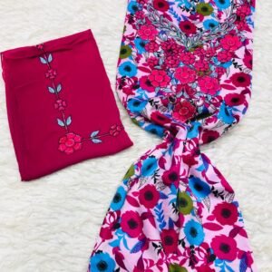 Moroccan fabric set with red embroidered floral panel and multicolor floral print design
