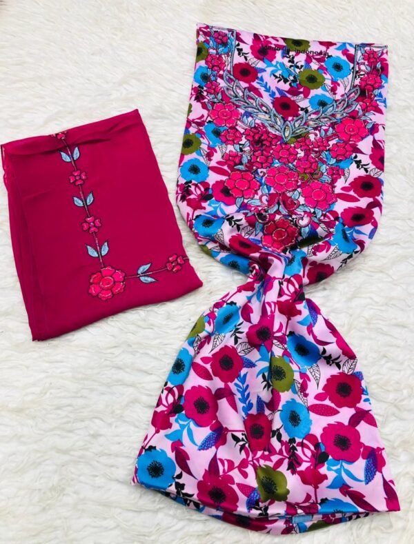 Moroccan fabric set with red embroidered floral panel and multicolor floral print design