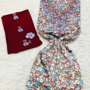 Red and brown embroidered Moroccan fabric set with curved floral motifs and tropical multicolor print