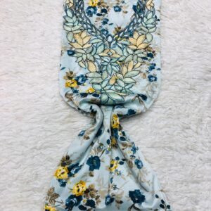 Light blue Moroccan embroidered fabric with tropical floral pattern and oversized beige-blue floral embroidery