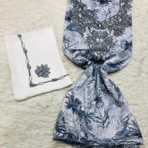 Grey and white embroidered fabric set with floral printed panel and intricate neckline embroidery from Indonesia