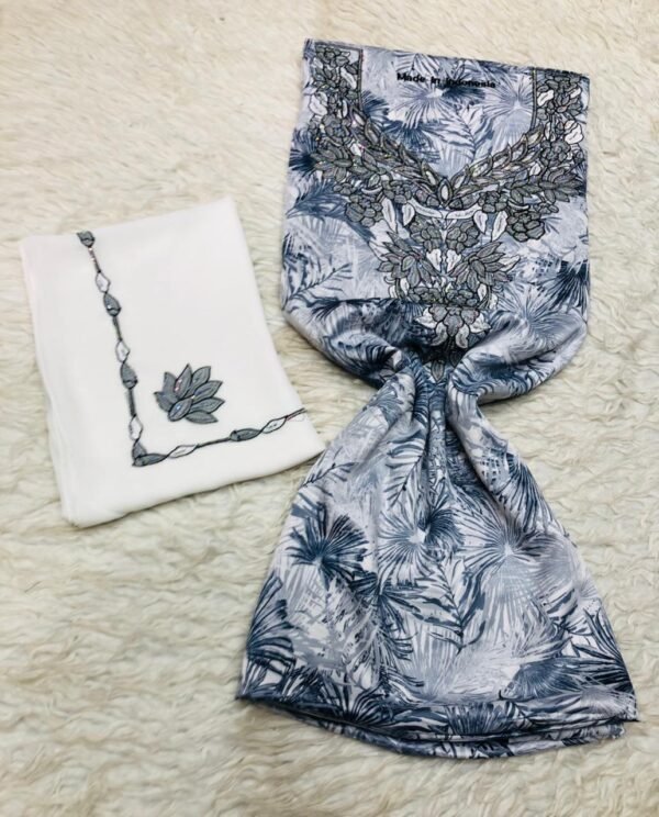 Grey and white embroidered fabric set with floral printed panel and intricate neckline embroidery from Indonesia