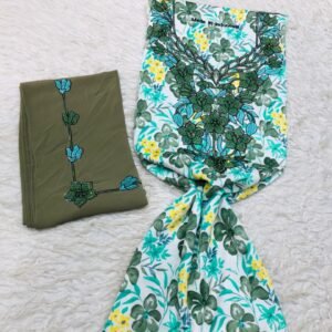 Olive green and white Indonesian embroidered fabric set with blue floral accents and tropical printed panel