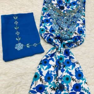 Indonesian embroidered fabric set with solid blue floral embroidery and printed multicolor panel