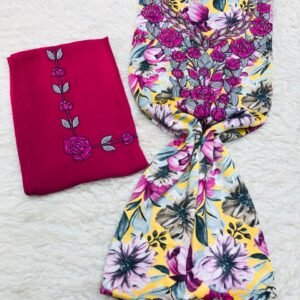 Red and white Indonesian embroidered fabric set with pink-green floral chains and colorful tropical prints
