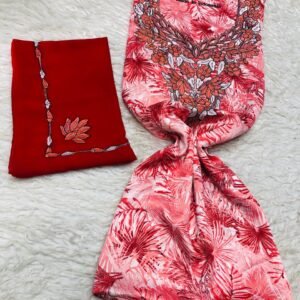 Red and pink Indonesian embroidered fabric set with lotus designs and tropical floral print