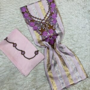 Blush pink Moroccan dual-panel fabric with floral embroidery and metallic stripes